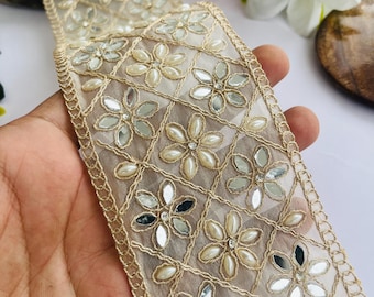 Pearl Mirror Embroidered Lace Trim: Floral Net Border, 3 Inch, 1 Yard