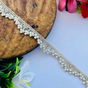1ヤード パールジルコン装飾ゴールド薄型トリム、インドの花ザリ刺繍パールザルドジサリーボーダーレース、幅2CM