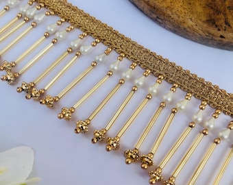 Handmade Gold Tassel Beaded Lace – Luxury Indian Fringe Trim, 2" Wide, 1 Yard