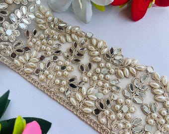 1 Yard • Pearl Mirror Beaded Saree Border • Couture Bridal Craft Sewing Lace