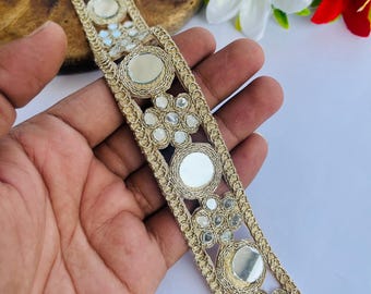 Gold Mirror Work Trim – 1.25 Inch Wide Lace Border For Fashion Accessories, 1 Yard