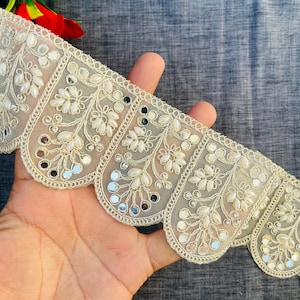 Antike Goldperle, Zirkon- und Spiegelpailletten-Jakobsmuschelbesatz, indisch bestickte Sari-Spitze, Hochzeitsschärpe, Lehenga-Dupatta-Besatz