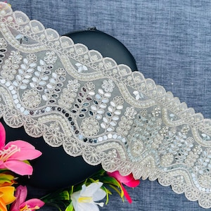 1 Yard indische Champagner-Gold-Spiegelperle Zarkhan verzierte Borte Spitze Zari bestickt Sari Dupatta Kleid Lehenga Spitze Nähen 4,15 Zoll