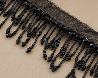 Black Pearl Dangle Trim, Lace Trim Sew-on, Tassel Chain, Beautiful Glossy Black Glass Beads, Ribbon Beaded Trimming Per yard