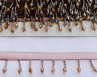 Brown Crystal Beaded Fringe Trim, 1.25 Inch Tassel Lace, Decorative Bead Fringe, 1 Yard