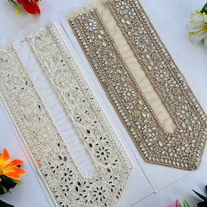 Parche bordado para escote con espejo de novia (blanco y dorado antiguo), aplique para blusa de diseñador