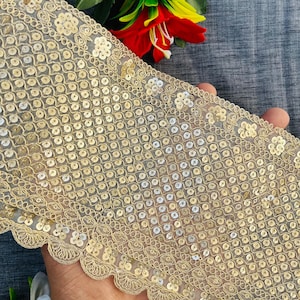 Antique Gold Zardozi & Sequin work Indian Embroidered Lace Trim, Scalloped Zari Net Fabric Sari Lehenga Gown Dress, 5.7&quot; Inch Wide