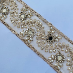 Mirror Pearl Zircon Flower Trim, Décor Strip for Bordering Saree, Mirror Trim Lace Boho Wedding, Pale Gold Saree Edging Lace Fabric by Yard