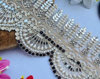 Pearl Mirror Lace Trim Gold, Embellished Indian Lace Border for Bridal Saree,, 1 Yard