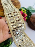 Gold Zari Embroidered Mirror Work Trim: 3 Inch Wide Geometric Border, 1 Yard product logo