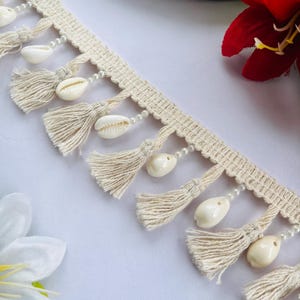 Boho Shell Tassel Trim: Ivory Cotton Fringe, Coastal Decor, 1 Yard
