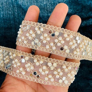 Pearl Embellished Pale Golden Mirror and Pearl Trim Lace, Indian Sari Border Lace, Net Fabric Lehenga Gown Dress Trim , 1,3&quot; Inch Wide