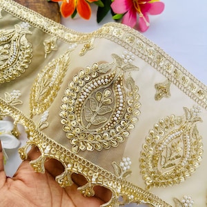 16 CM Wide Gold Embroidered Lace Trim, Paisley Pearl Sequin Border, 1 Yard