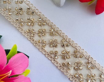 Bridal Rhinestone Zari Trim, Gold Embroidered Border, Wedding Dress Sewing Embellishment, 1 Yard