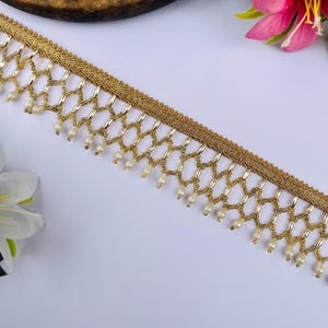 Antique Gold Pearl & Beads Rain Drop Suspended Scallop Beaded Trim, Indian Beaded Lehenga Dupatta Tassel Lace