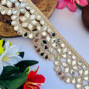 Mirror Trim Lace, Zari Lace Border, Gold Embellish Trim, Indian Saree Border, Wedding Dress Trim, DIY Lace for Crafts, Sewing Trim Supplies, Mirror Embroidery, Geometric Lace Trim, Curtain Border Lace, Gold Lace Lehenga, Handmade Zari Lace, Home Décor Trim