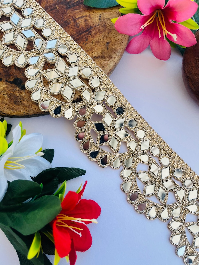 Mirror Trim Lace, Zari Lace Border, Gold Embellish Trim, Indian Saree Border, Wedding Dress Trim, DIY Lace for Crafts, Sewing Trim Supplies, Mirror Embroidery, Geometric Lace Trim, Curtain Border Lace, Gold Lace Lehenga, Handmade Zari Lace, Home Décor Trim
