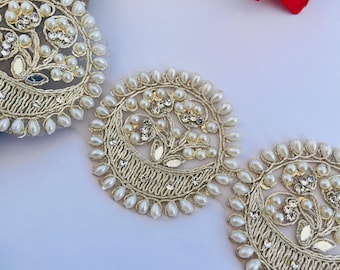 Gold Pearl Mirror Work Lace 2.5 Inch Wide Lehenga Edging Ribbon, 1 Yard