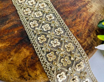 Golden Rhinestone Beaded Trim – Bridal Embroidered Zari Lace Border, 1 Yard