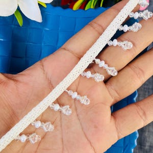 Antique Crystal/Tussle Suspended Beaded Trim, Lehenga Dupatta Lace, Upholstery Trim, Beaded Tassel Border Indian Wedding Dress Trim