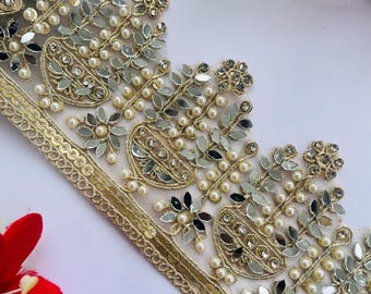 Floral Pearl Embroidered Lace Trim: Gold Zari Saree Border, 3.25 Inch, 1 Yard