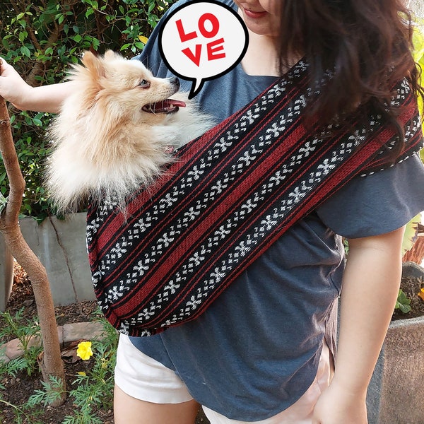 RED BLACK Personalized Dog Sling Carrier-For Small Dog, Cat, Small Pet - Ethnic Fabric + Softly Nano Fabric + Pocket & Harness Safety Clip