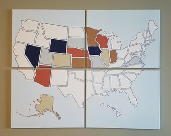 Oh the Places You've Been Fill In USA Travel Map Wall Canvas Hanging Art Handpainted Map Design (Set of 4 Canvases)
