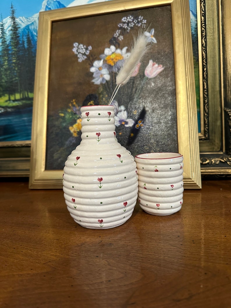 Vintage Pottery Pitcher & Cup Set ribbed/flower Print Etsy