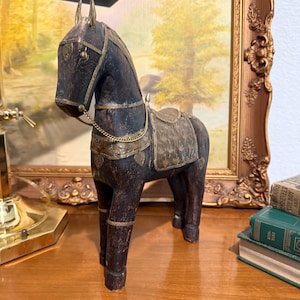Vintage Wooden Horse with Brass Details