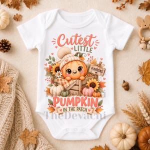 May include: A white short-sleeve baby bodysuit featuring a graphic of a cartoon pumpkin wearing a knit hat inside a wooden crate. The text reads Cutest Little Pumpkin In The Patch. The design includes sunflowers, autumn leaves, and small pumpkins.