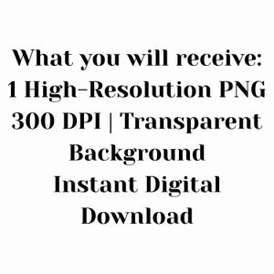 May include: Black text on a white background reads: What you will receive: 1 High-Resolution PNG 300 DPI | Transparent Background Instant Digital Download. This is a digital product information graphic detailing the file specifications for a download.