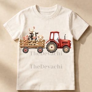 May include: Cream-colored t-shirt featuring a red tractor pulling a wooden cart filled with farm animals. The cart holds a pig, cow, sheep, and chicken. The text "The Devachi" is printed below the cart.