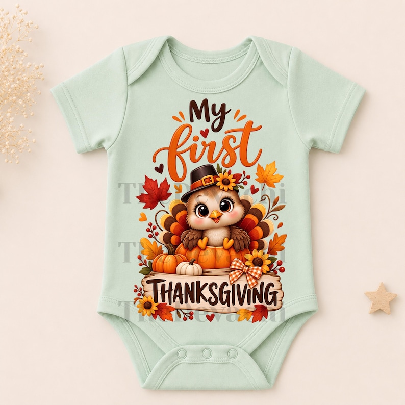 May include: A light mint green baby bodysuit featuring a graphic print of a cartoon turkey wearing a hat, sitting in a pumpkin. The text reads My first THANKSGIVING, surrounded by colorful autumn leaves, sunflowers, and a plaid bow accent.
