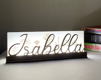 Naam Lichte Houten Lamp Gepersonaliseerde Aangepaste LED-lamp Bloemen Gegraveerde Tafellamp Lamp Bloemen Themalamp Aangepast Bericht Nachtlampje Cadeaubord