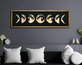 Moon Phases Wall Hanging: Black & Gold Rustic Celestial Decor