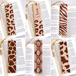 Animal Print Bookmark Perosnalized Leopard, Zebra, Giraffe, Snake Croc Cow Animal Print Gift Custom Message Wood Engraved Bookmark for Women