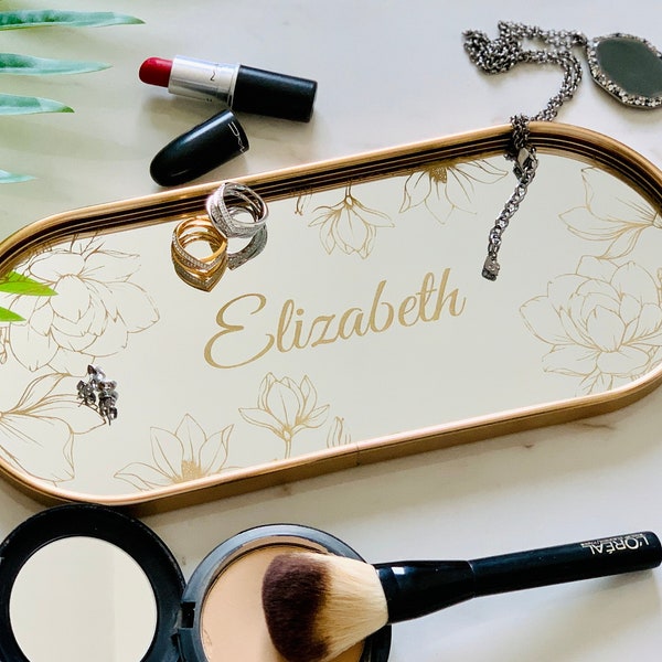 Personalized Jewelry Tray Engraved Oval Mirror Vanity Tray Magnolias Design - Golden Frame - Luxurious Organizer for Candles and Cosmetics