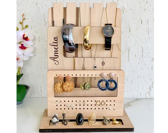 Schmuck-Holzständer-Organizer, personalisierte Ringe, Halsketten, Armbänder, Ohrringe, Organizer, Nachttisch-Schmuckhalter, Holz-Schmuck-Display
