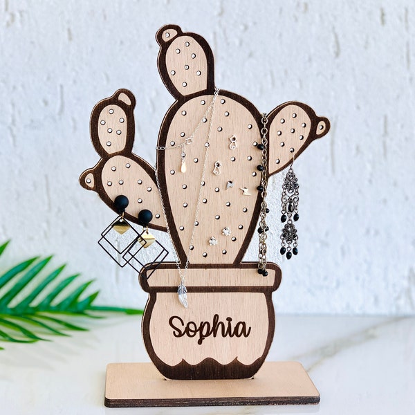 Organizzatore di portagioielli Cactus, supporto portagioielli in legno personalizzato, organizzatore di orecchini, supporto per braccialetti, espositore per gioielli da comodino