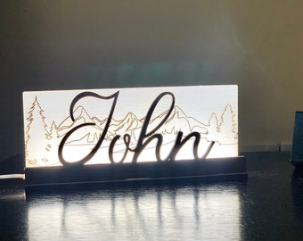 Naam Houten Lamp Gepersonaliseerde Aangepaste LED Nachtlampje Gegraveerd Landschap Tafel Schaduw Lamp Bergen Thema Gegraveerde Lamp Aangepast Bericht Cadeau