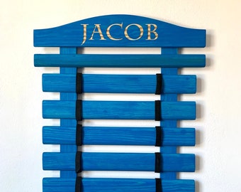 Personalized Karate Belt Display Blue: Solid Wood Martial Arts, Taekwondo, Judo, BJJ Belt Holder
