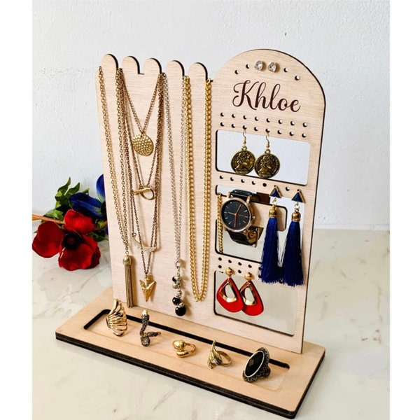 Jewelry Stand Organizer Wood Personalized Rings Necklaces Bracelets Earrings Organizer, Nightstand Jewelry Holder, Jewelry Display Holder