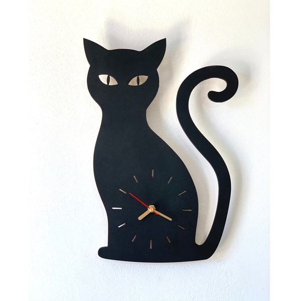 Cat Wall Clock, Black & Gold Wood Wall Hanging Clock, Angry Cat Wall Clock, Cat Lovers Gift, Crazy Cat Lady Gift