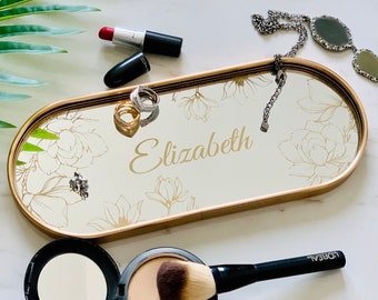 Personalized Jewelry Tray Engraved Oval Mirror Vanity Tray Magnolias Design - Golden Frame - Luxurious Organizer for Candles and Cosmetics