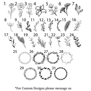 K&ouml;nnte beinhalten: Eine Auswahl von 31 verschiedenen Blumen- und Kranzdesigns f&uuml;r die Verwendung in der Handwerkskunst oder im digitalen Design. Die Designs sind von 1 bis 31 nummeriert. Der Text "Select Design" befindet sich oben im Bild. Der Text "*For Custom Designs please message us" befindet sich unten im Bild.