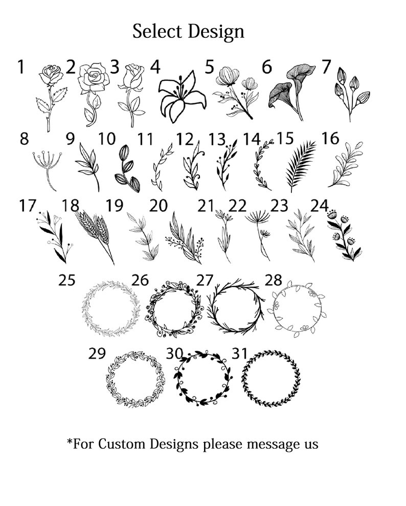 K&ouml;nnte beinhalten: Eine Auswahl von 31 verschiedenen Blumen- und Kranzdesigns f&uuml;r die Verwendung in der Handwerkskunst oder im digitalen Design. Die Designs sind von 1 bis 31 nummeriert. Der Text "Select Design" befindet sich oben im Bild. Der Text "*For Custom Designs please message us" befindet sich unten im Bild.