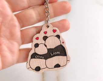 Personalized Panda Couple Keychain: Engraved Wood Names, Valentine's Gift