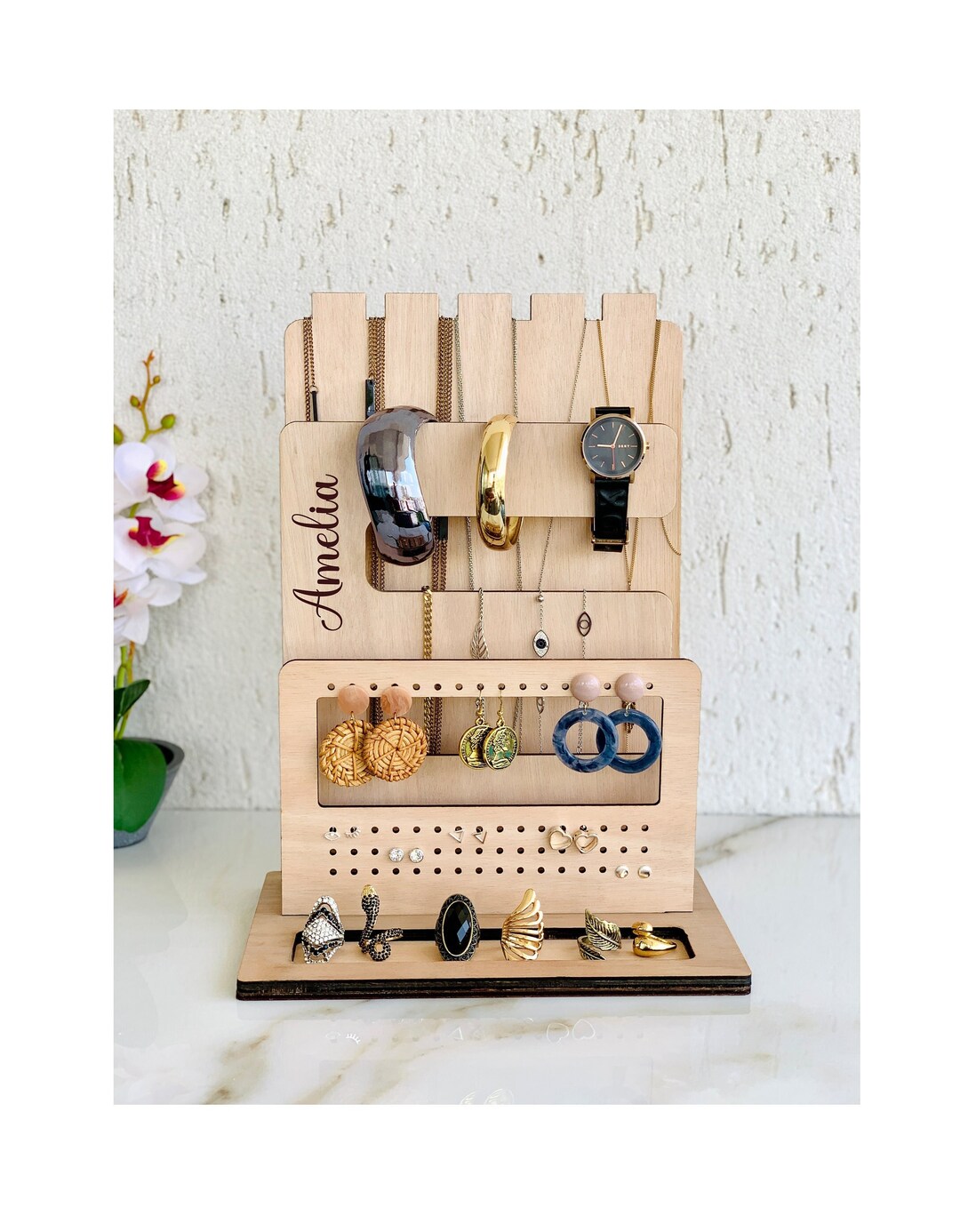 Jewelry Wood Stand Organizer Personalized Rings Necklaces Bracelets