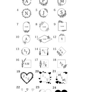 May include: A graphic design sheet with 24 different options for a monogram design. The designs include floral wreaths, hearts, and squares with different letter combinations. The designs are in black and white.