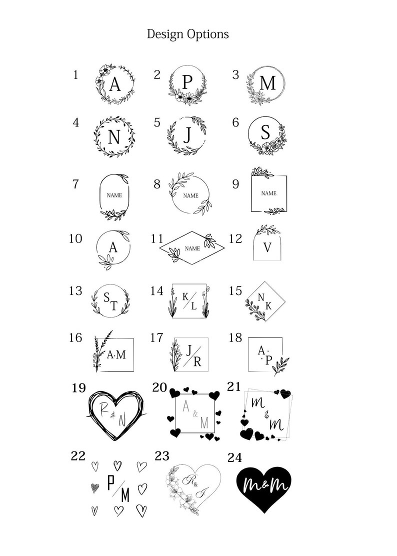 May include: A graphic design sheet with 24 different options for a monogram design. The designs include floral wreaths, hearts, and squares with different letter combinations. The designs are in black and white.
